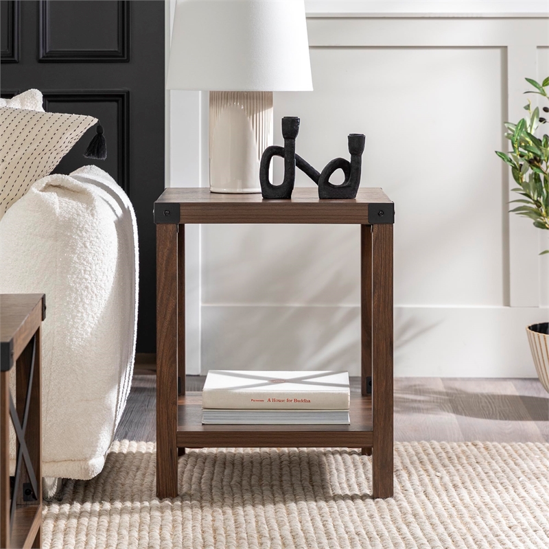 Metal X-Shaped Fram Rustic Wood End Table in Dark Walnut