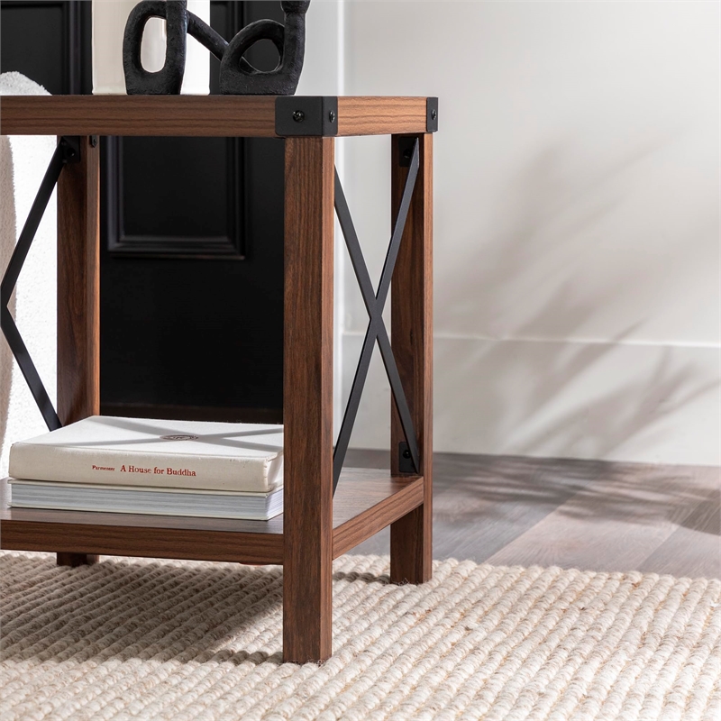 Metal X-Shaped Fram Rustic Wood End Table in Dark Walnut