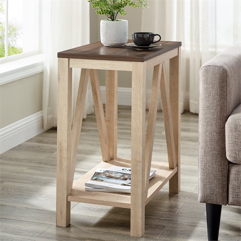 Narrow A-Frame End Table with Open Storage Shelf in Dark Walnut/White Oak