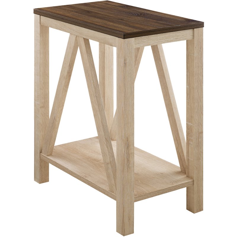 Narrow A-Frame End Table with Open Storage Shelf in Dark Walnut/White Oak