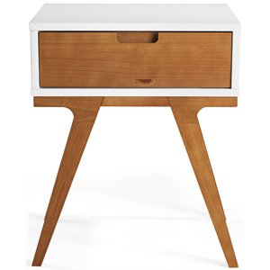mateo solid pine wood 1-drawer modern end table in white/caramel