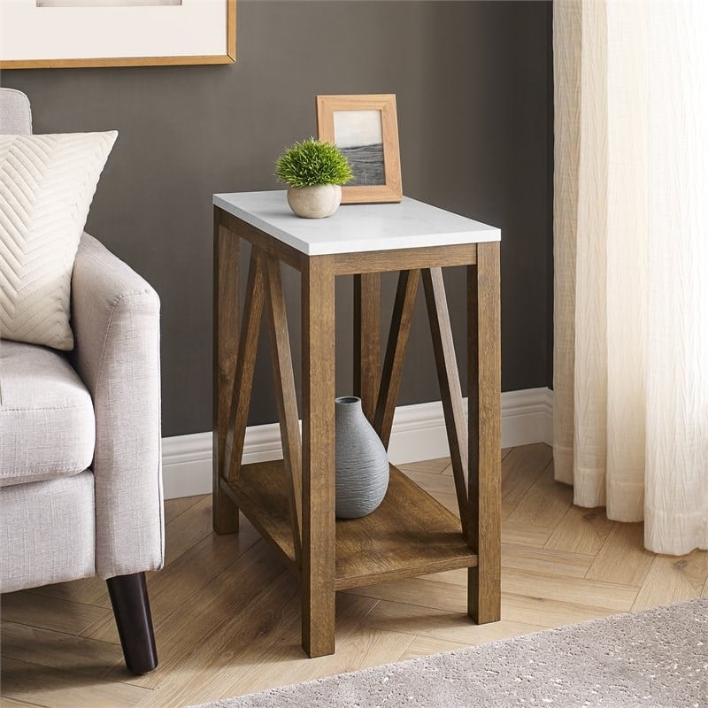 Narrow A Frame End Table in Faux White Marble/Natural Walnut