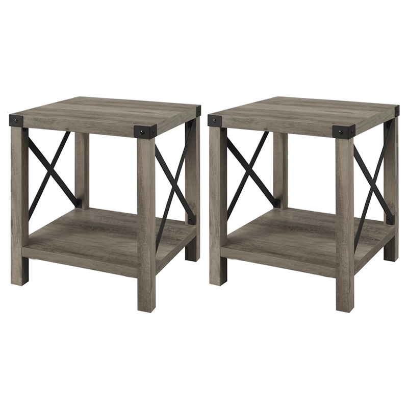 Farmhouse Metal-X End Tables with Lower Shelf in Gray Wash (Set of 2)