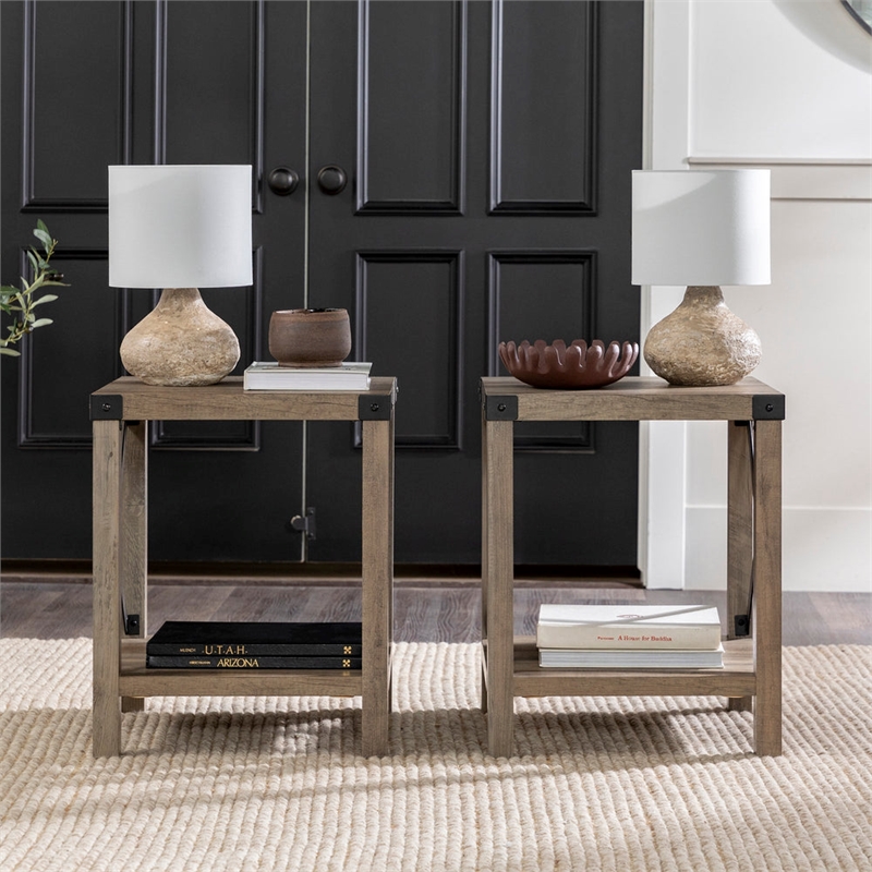 Farmhouse Metal-X End Tables with Lower Shelf in Gray Wash (Set of 2)