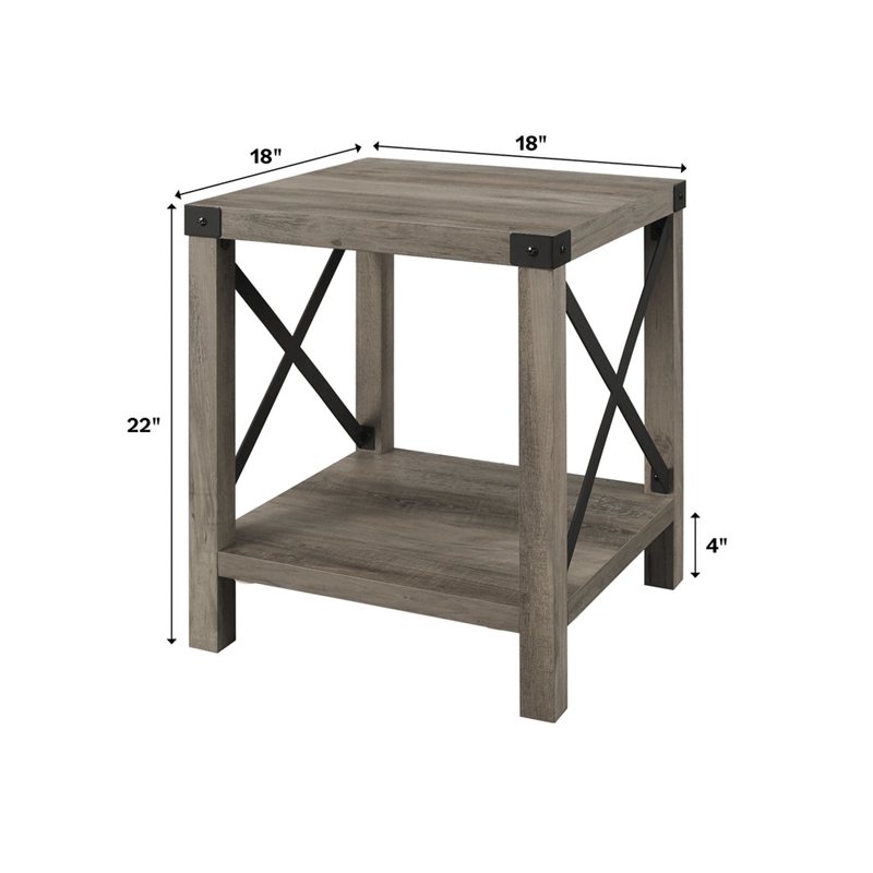 Farmhouse Metal-X End Tables with Lower Shelf in Gray Wash (Set of 2)