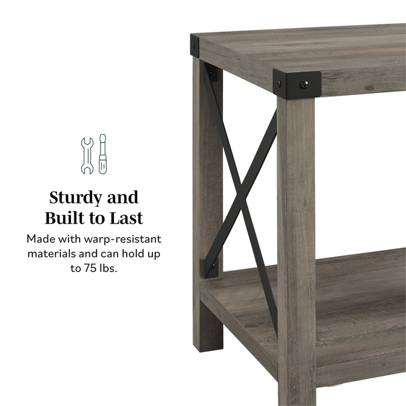 Farmhouse Metal-X End Tables with Lower Shelf in Gray Wash (Set of 2)
