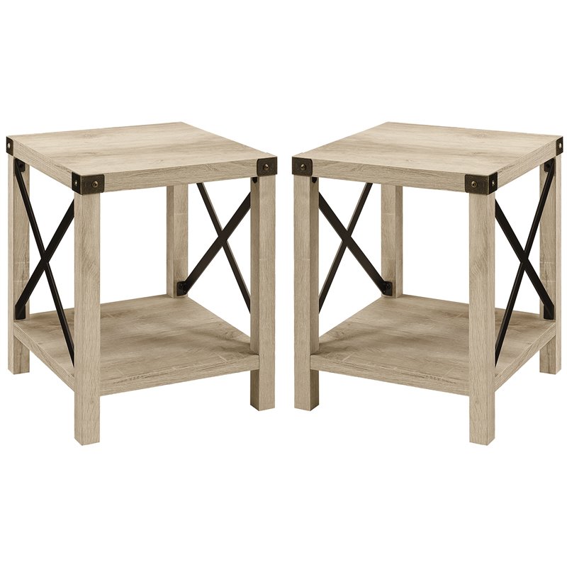 Farmhouse MetalX End Tables with Lower Shelf in White Oak (Set of 2