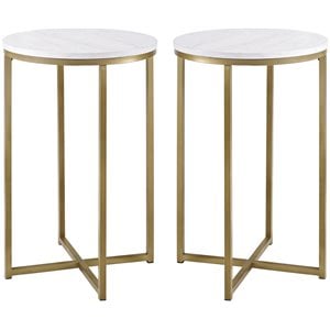 modern glam metal-x-leg end table set in faux white marble/gold (set of 2)
