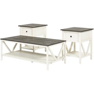 3-piece distressed solid wood coffee table set in gray/white wash