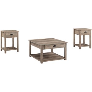 3-piece country living room coffee table and end table set in gray wash