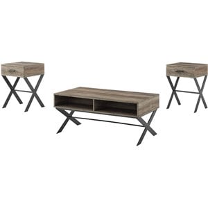 3-piece x-leg metal and wood living room table set in gray wash
