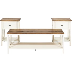 3-piece distressed solid wood coffee table set in rustic oak/white wash