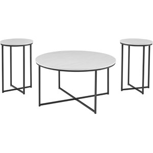 alissa 3-piece x-base coffee and end table set in white faux marble/black