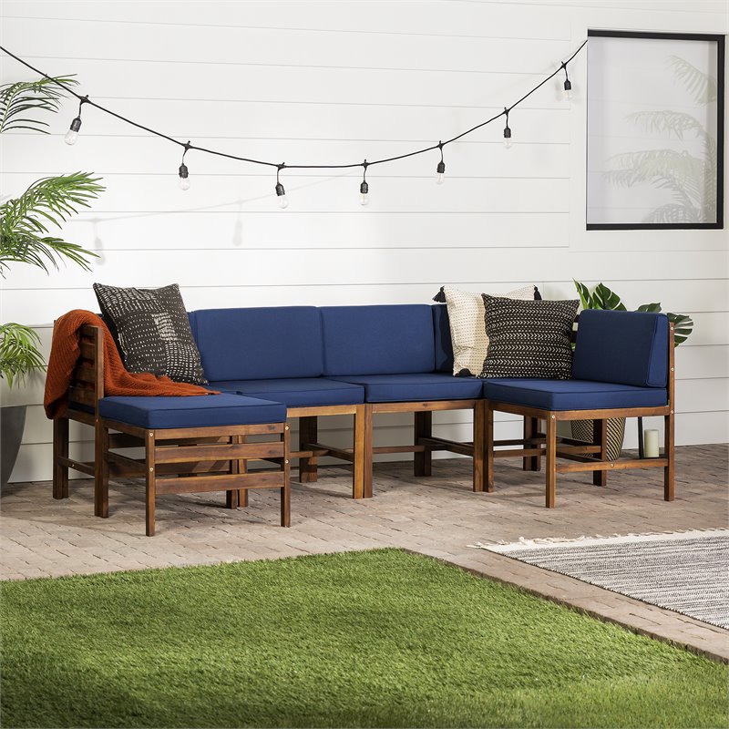 Walker Edison Sanibel 6PC Solid Wood Modular Sofa Set in Dark Brown/Navy Blue