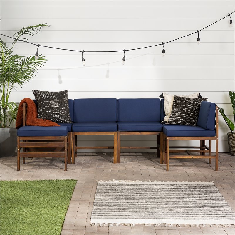 Walker Edison Sanibel 6PC Solid Wood Modular Sofa Set in Dark Brown/Navy Blue