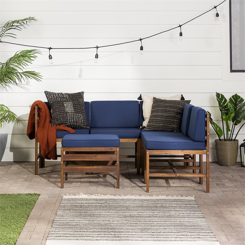 Walker Edison Sanibel 6PC Solid Wood Modular Sofa Set in Dark Brown/Navy Blue