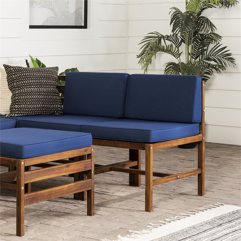 Walker Edison Sanibel 6PC Solid Wood Modular Sofa Set in Dark Brown/Navy Blue