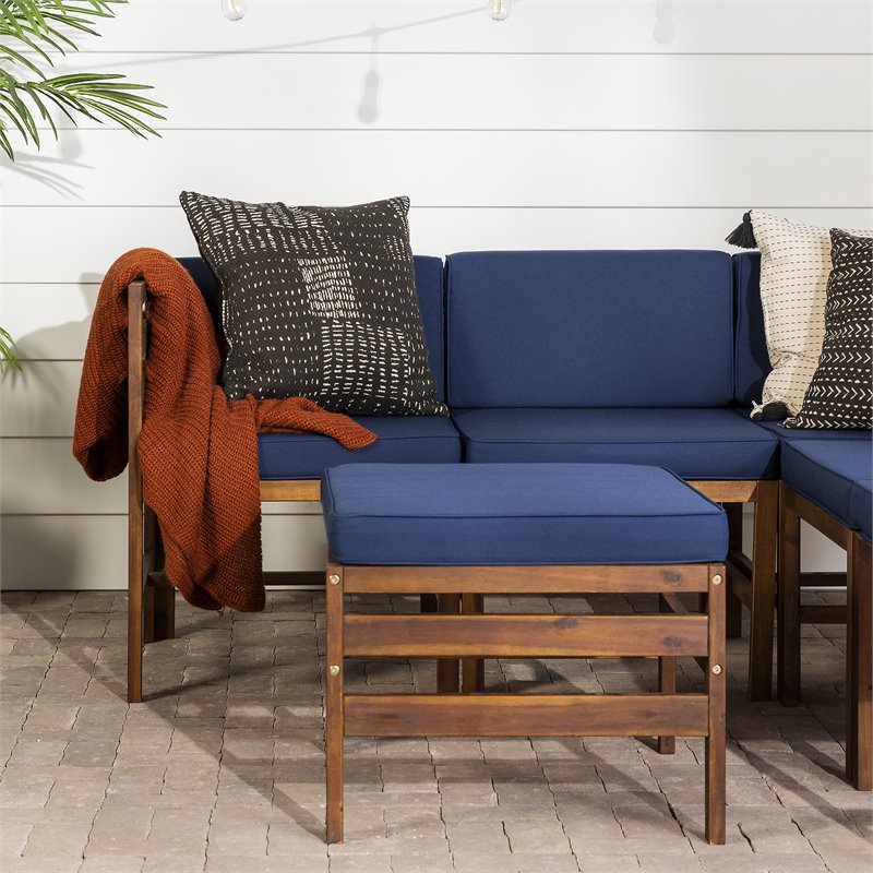 Walker Edison Sanibel 6PC Solid Wood Modular Sofa Set in Dark Brown/Navy Blue