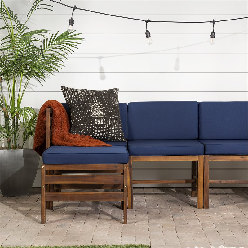 Walker Edison Sanibel 6PC Solid Wood Modular Sofa Set in Dark Brown/Navy Blue