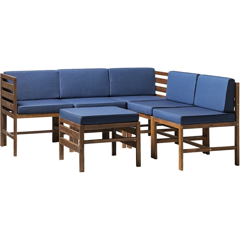Walker Edison Sanibel 6PC Solid Wood Modular Sofa Set in Dark Brown/Navy Blue