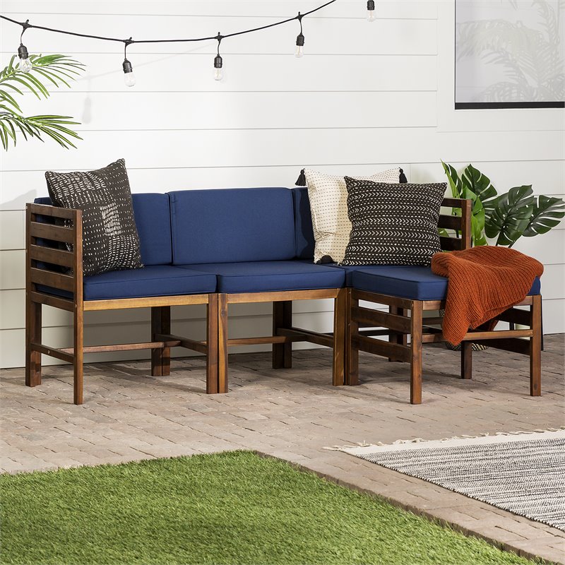 Walker Edison 4 Piece Modular Solid Wood Set with Ottoman - Dark Brown/Navy Blue