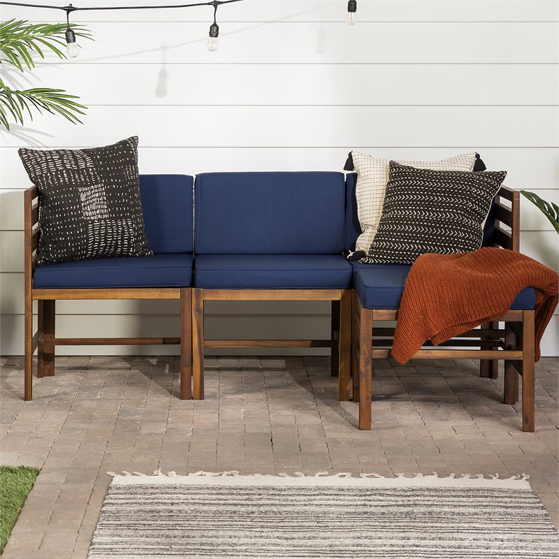 Walker Edison 4 Piece Modular Solid Wood Set with Ottoman - Dark Brown/Navy Blue