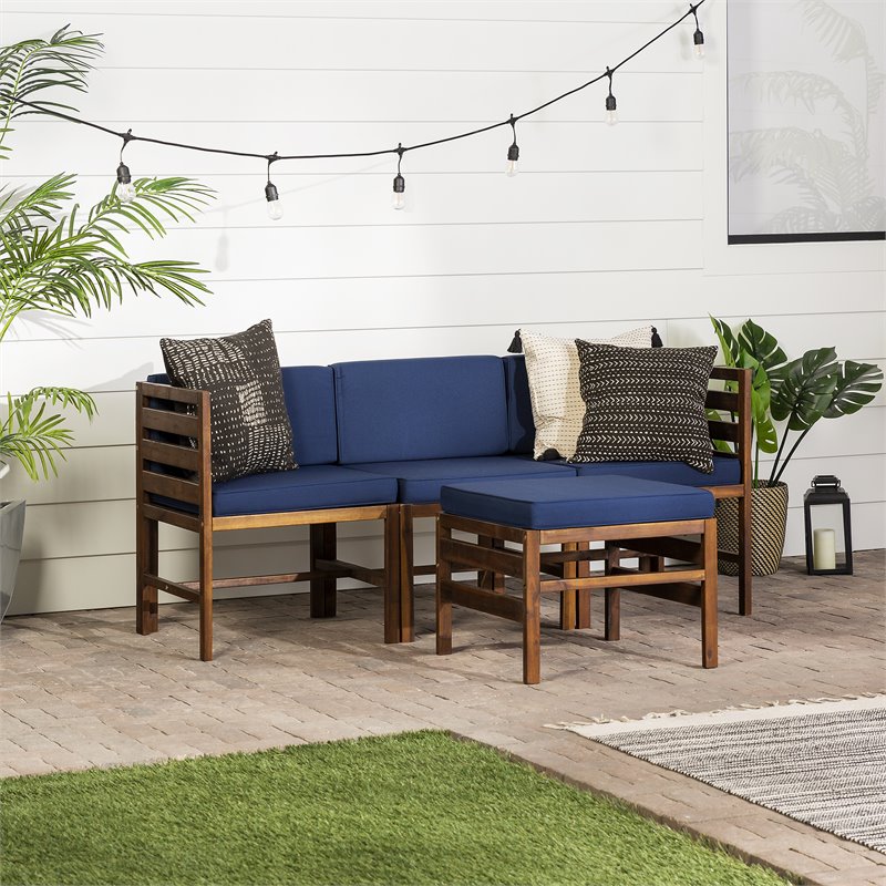 Walker Edison 4 Piece Modular Solid Wood Set with Ottoman - Dark Brown/Navy Blue