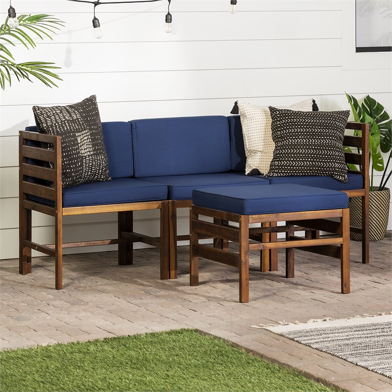 Walker Edison 4 Piece Modular Solid Wood Set with Ottoman - Dark Brown/Navy Blue