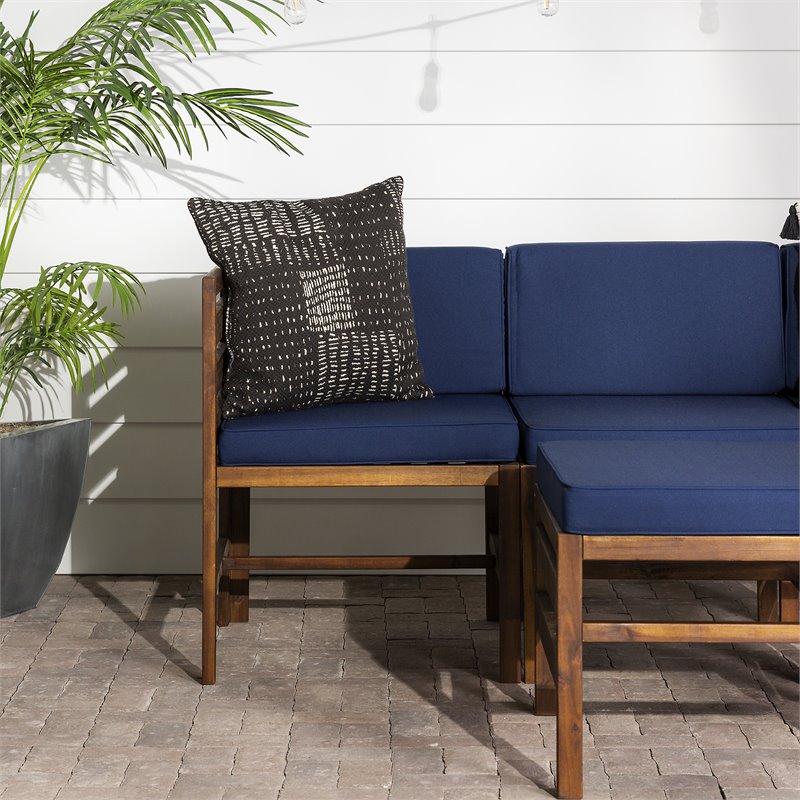 Walker Edison 4 Piece Modular Solid Wood Set with Ottoman - Dark Brown/Navy Blue