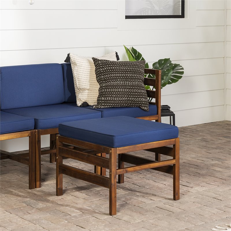 Walker Edison 4 Piece Modular Solid Wood Set with Ottoman - Dark Brown/Navy Blue