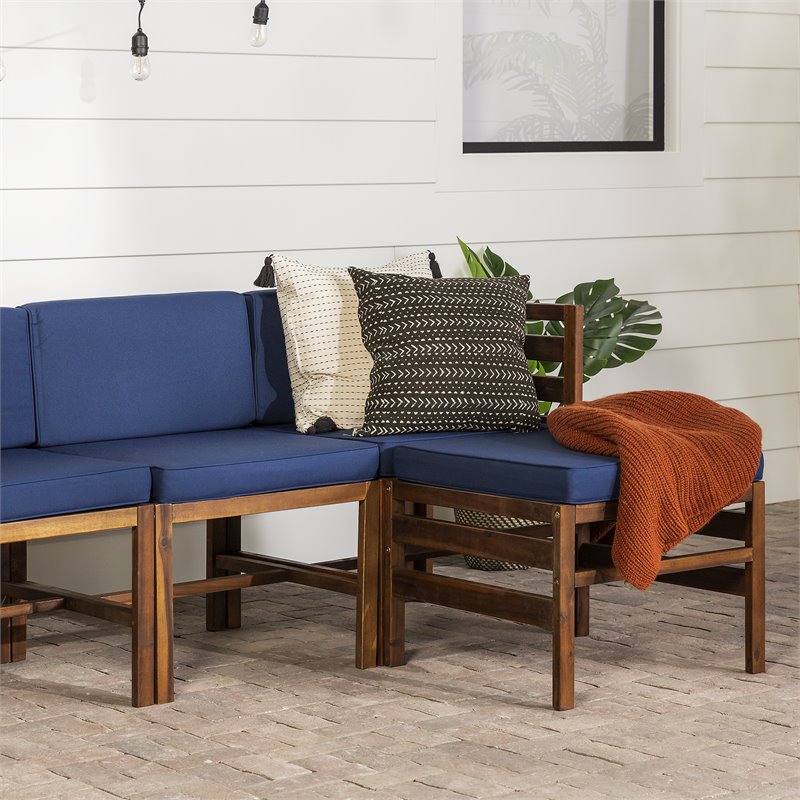 Walker Edison 4 Piece Modular Solid Wood Set with Ottoman - Dark Brown/Navy Blue