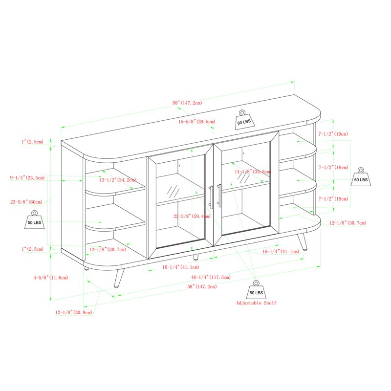 Modern Curved Edge Fluted Glass Door Sideboard in Solid Black