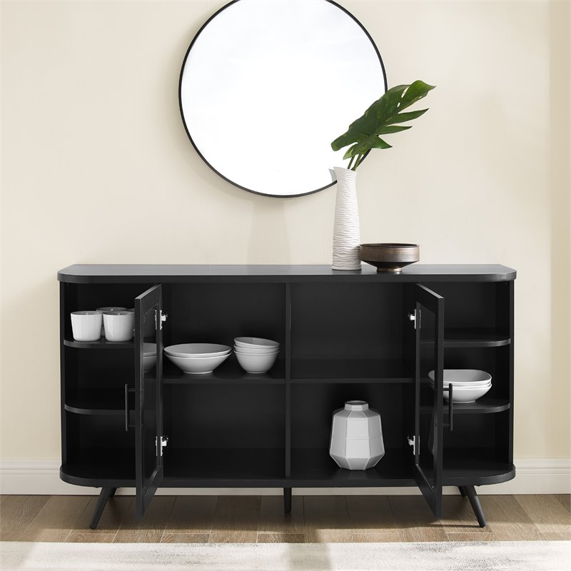 Modern Curved Edge Fluted Glass Door Sideboard in Solid Black