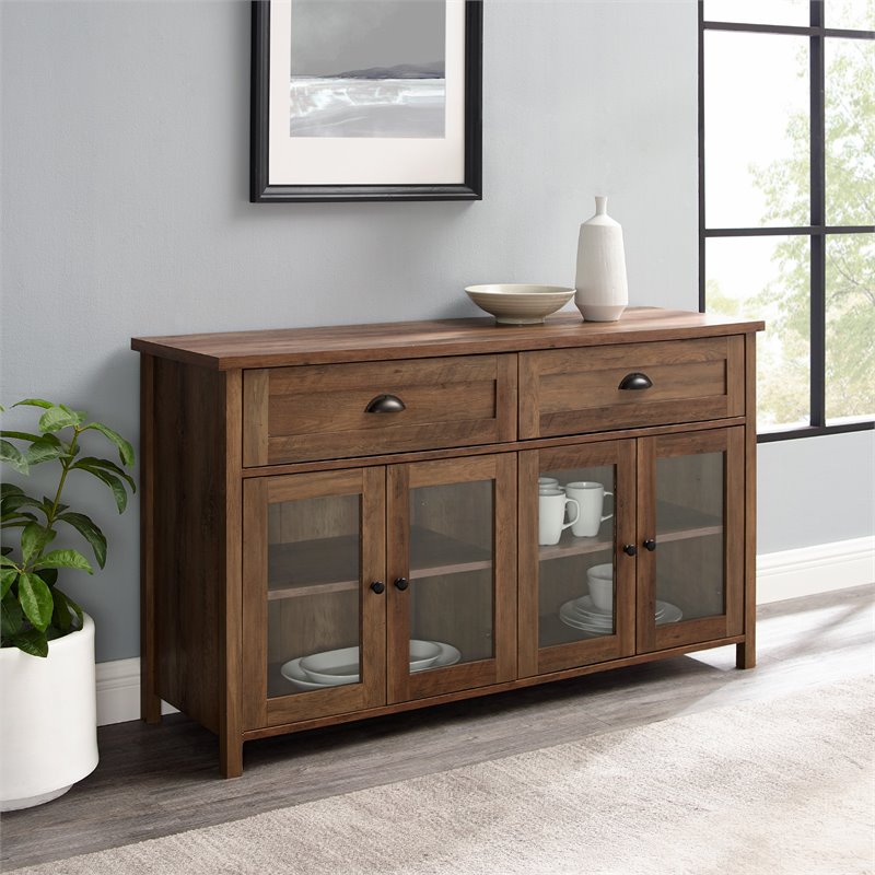 Farmhouse 2-Drawer 4 Glass Door TV Stand for TVs up to 58 Inches in Rustic Oak