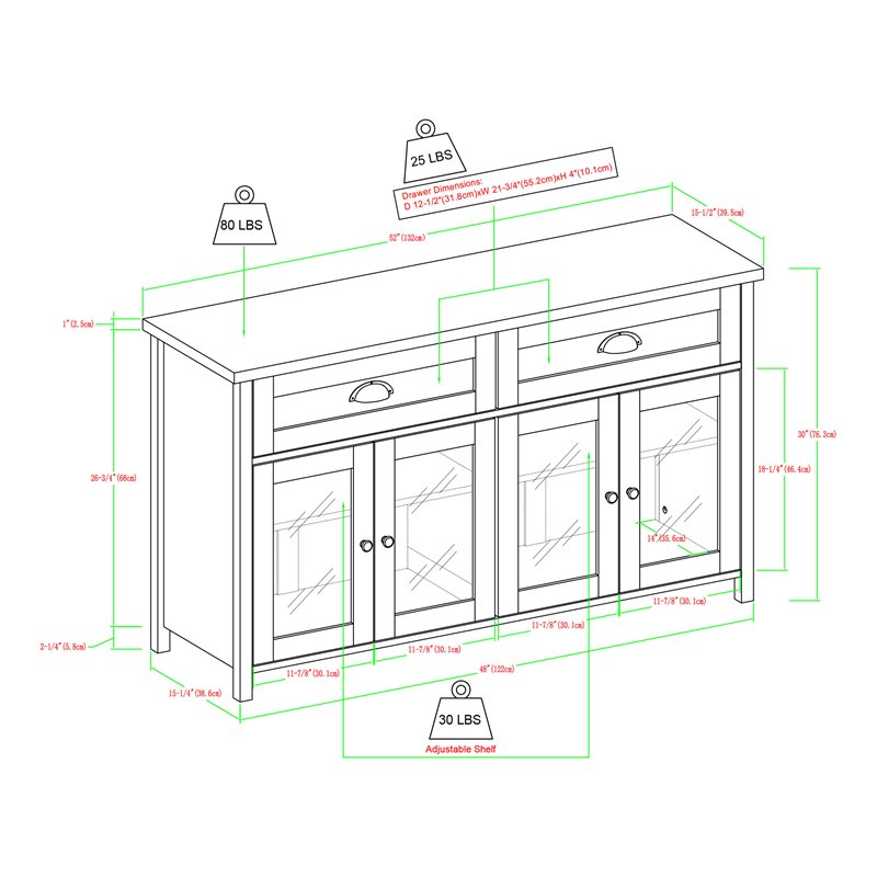 Farmhouse 2-Drawer 4 Glass Door TV Stand for TVs up to 58 Inches in Rustic Oak
