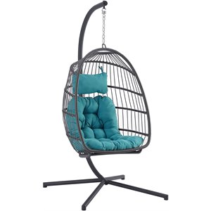resin rattan wicker swing egg chair with stand in gray/teal