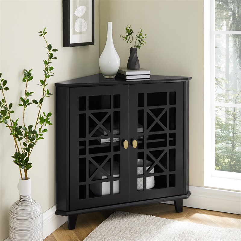 Gwen Fretwork Corner Accent Cabinet with 1-Adjustable Shelf in Black