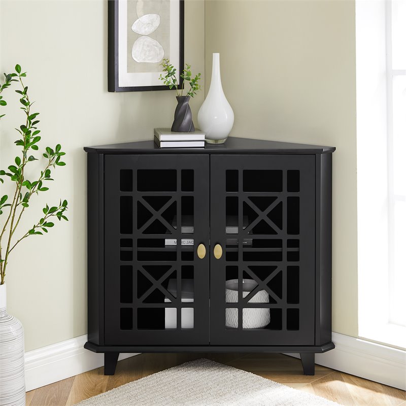 Gwen Fretwork Corner Accent Cabinet with 1-Adjustable Shelf in Black