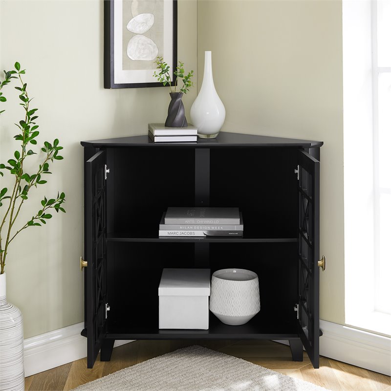 Gwen Fretwork Corner Accent Cabinet with 1-Adjustable Shelf in Black