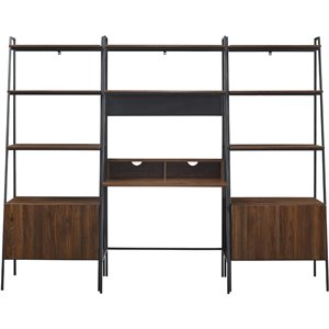 3-piece metal and wood ladder desk with storage shelves in dark walnut