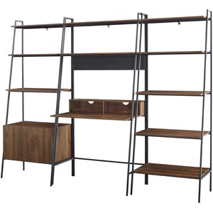 3-piece metal and wood ladder desk with storage shelf in dark walnut