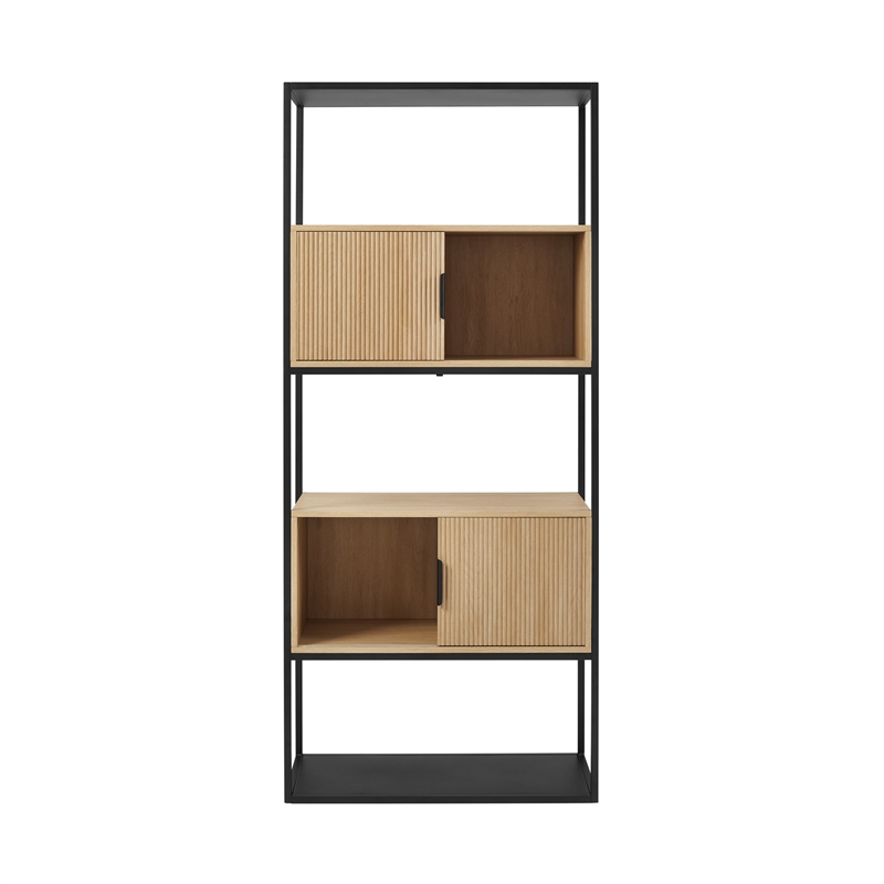 Tall Wood Bookcase with Closed and Open Storage - Oak/ Black