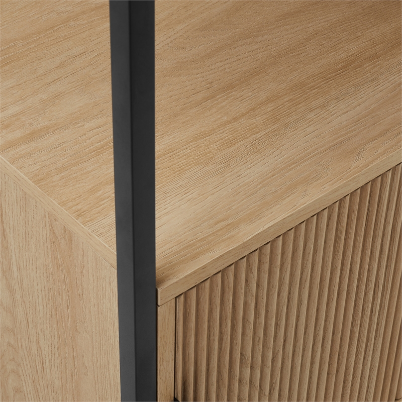 Tall Wood Bookcase with Closed and Open Storage - Oak/ Black