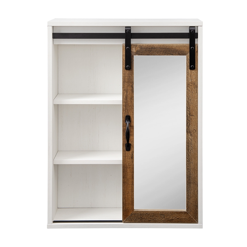 Sliding Barn Door Wood Wall Storage with Mirror - Brushed White / Rustic Oak