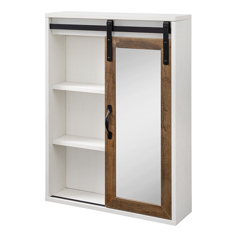Sliding Barn Door Wood Wall Storage with Mirror - Brushed White / Rustic Oak