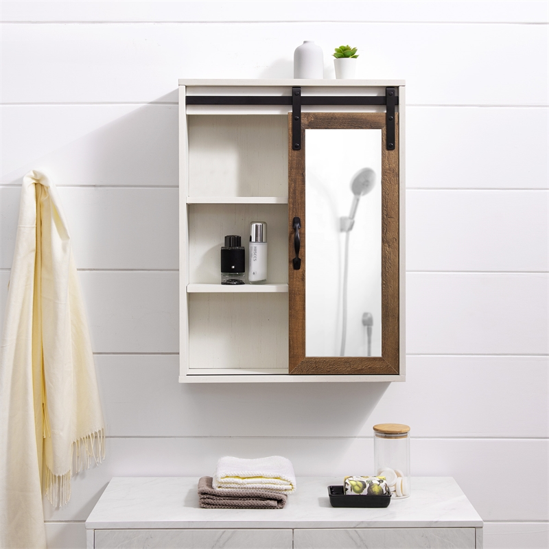 Sliding Barn Door Wood Wall Storage with Mirror - Brushed White / Rustic Oak