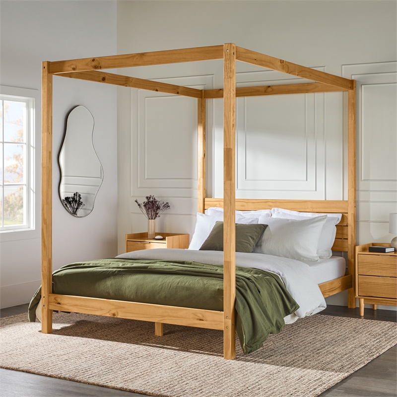Solid Wood Minimalist Boho Queen Canopy Bed with Simple Headboard - Natural Pine