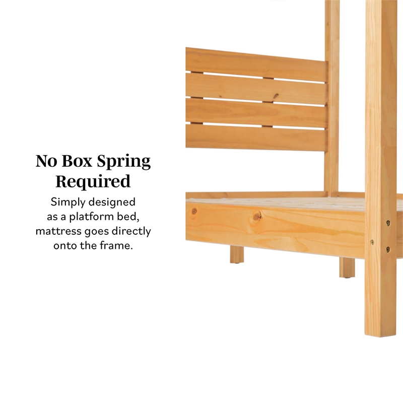 Solid Wood Minimalist Boho Queen Canopy Bed with Simple Headboard - Natural Pine