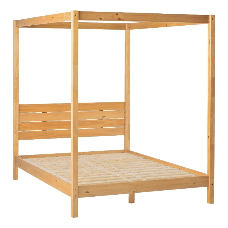 Solid Wood Minimalist Boho Queen Canopy Bed with Simple Headboard - Natural Pine