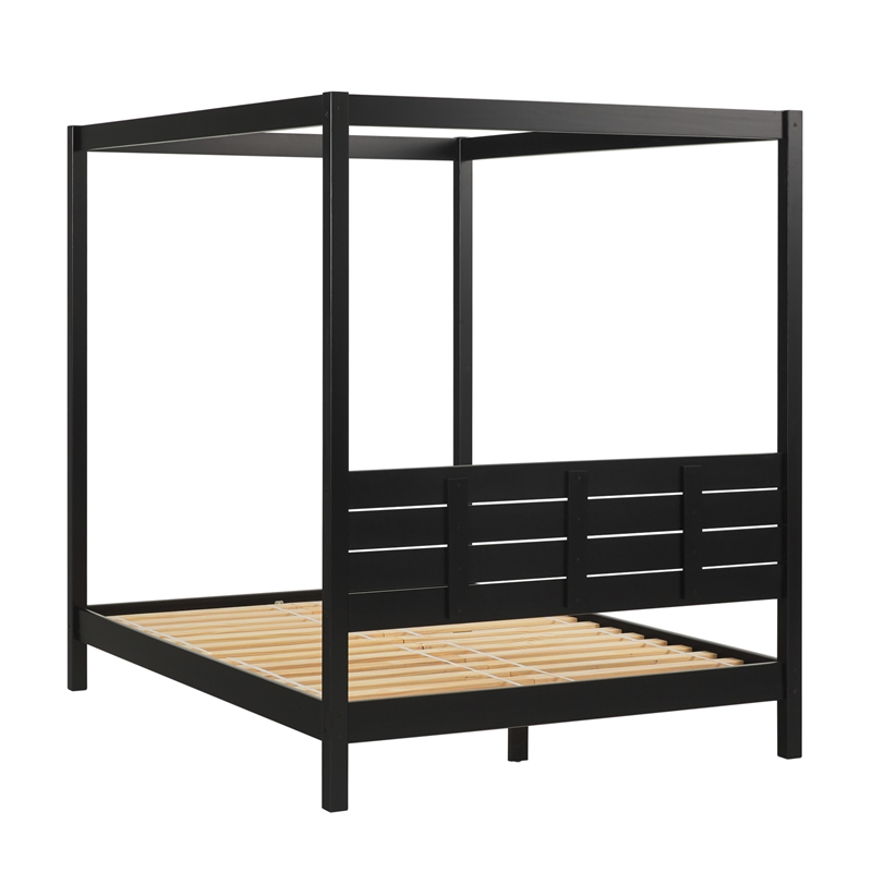 Solid Wood Minimalist Boho Queen Canopy Bed with Simple Headboard - Black